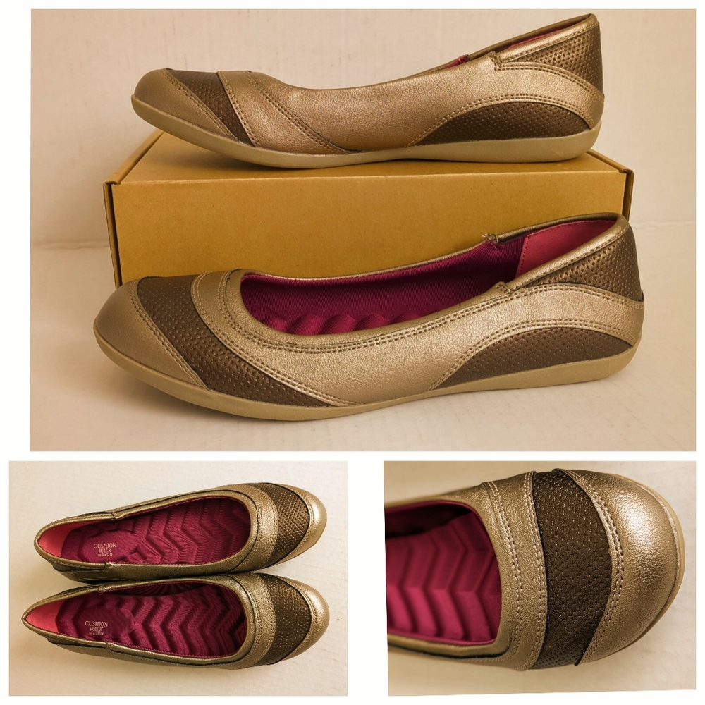 Avon Cushion Walk Sz 9 Bronze Gold Slip On Flats Faux Leather EUC (worn once)